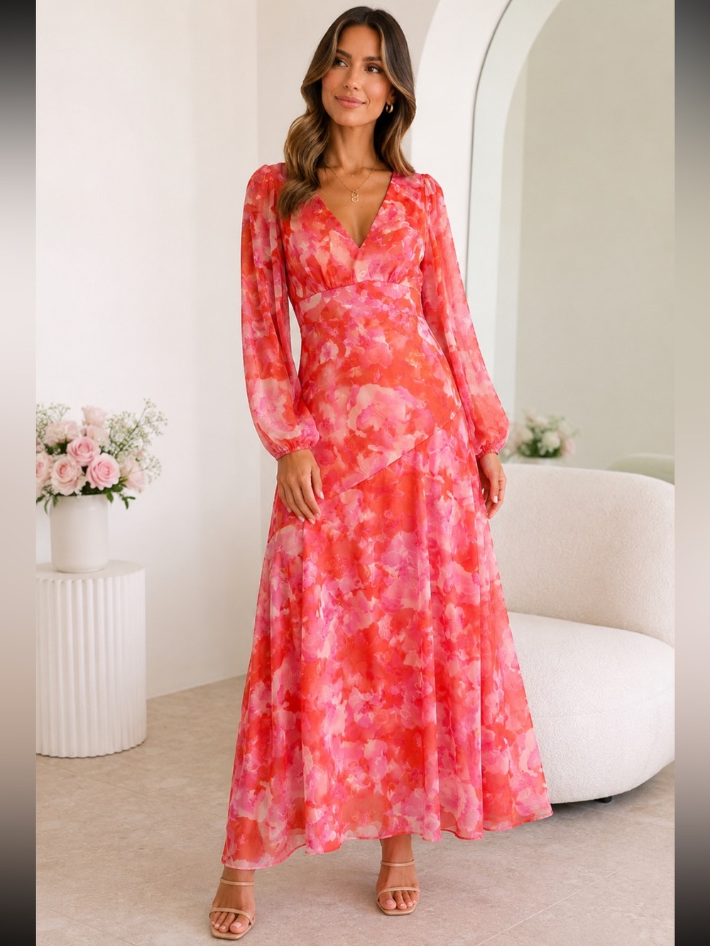 Esther Christabel‎ Dress Red Pink Floral Sheer Maxi Dress Size US 6 NWT